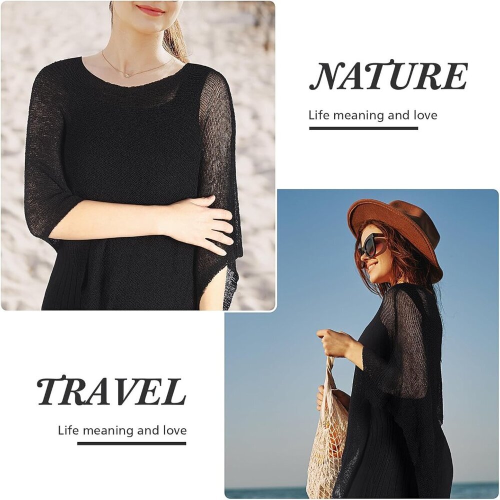 Women Sheer Poncho Lightweight Summer Blouse Top Asymmetrical Hem Fashion - Picture 6 of 6